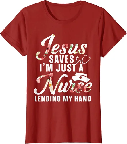 Vista 25 de Jesus Saves I'm Just A Nurse Lending My Hand RN Christian T-Shirt Asphalt Grey