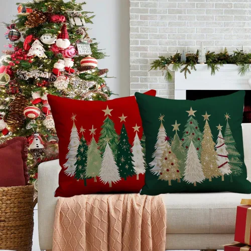 Vista 4 de RABUSOFA Fundas de almohada con árbol de Navidad de 18 x 18 pulgadas, decoración de invierno con acuarela de Navidad, estrellas doradas, funda