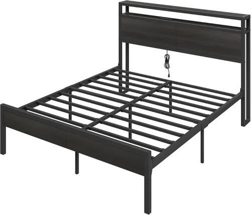 Vista 9 de AMERLIFE Base de cama tamaño Queen con cabecera de almacenamiento y estación de carga, cama de plataforma de metal industrial con gran Negro