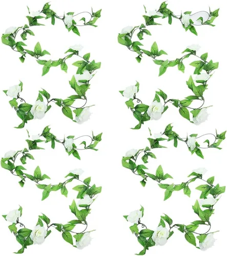Vista 10 de Zhiheng Paquete de 4 vides de rosas artificiales de 7.8 pies con hojas verdes, flores falsas, plantas colgantes de jardín, guirnalda de vid