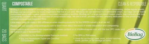 Vista 5 de BioBag Bolsas de almacenamiento de alimentos resellables 100% compostables certificadas, 20 unidades, cuartos de galón, perfectas para refrigerador