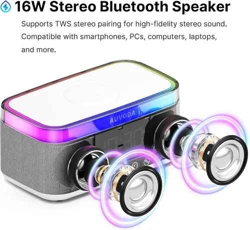 Vista 3 de Altavoz Bluetooth S300, altavoz portátil inalámbrico con carga inalámbrica de 15 W, luz nocturna de 13 colores, alarma, estéreo de 16 W, TWS, BT5.3