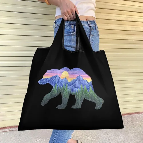 Vista 2 de Sunset Bear - Bolsas de comestibles reutilizables plegables para compras, bolsas de almacenamiento ligeras con asas
