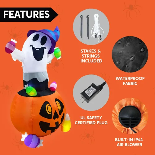 Vista 6 de Joiedomi Fantasma inflable de Halloween de 5 pies de alto para decoración al aire libre, fantasma inflable de caramelo en calabaza con luces LED
