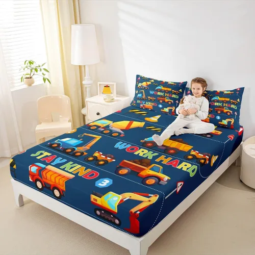 Vista 3 de Manfei Sábana bajera ajustable de dibujos animados para niños, tamaño individual, bonito juego de ropa de cama con excavadora, camión, tractor