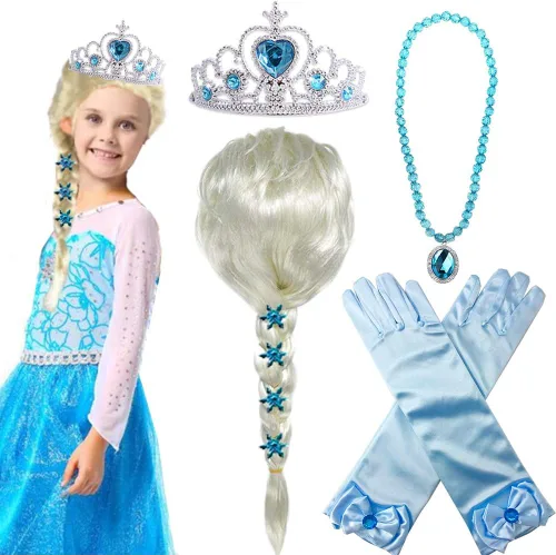 Vista 2 de Peluca de princesa trenzada con collar de tiara, guantes, disfraz de princesa, accesorios de cosplay para niños y niñas