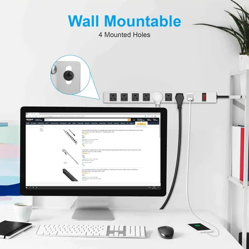 Vista 3 de JUNNUJ Tira de alimentación de metal de 8 tomas, tira de alimentación resistente montable, protector de sobretensión de 1200J con tornillos