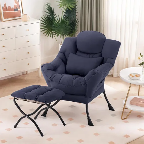 Vista 12 de Furlide Silla Perezosa con Otomana, Cómoda Silla de Salón con Brazos de Tela Acentuada con Almohada Lumbar y Reposapiés Plegable, Silla Sofá de Beige