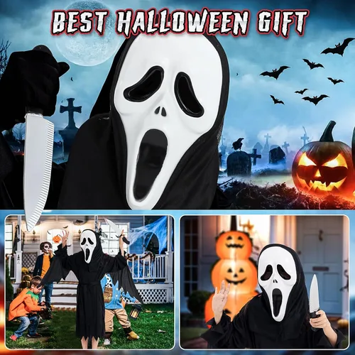 Vista 4 de Leajap Disfraz de fantasma de Halloween con máscara de grito fiesta de fantasma aterrador cosplay para adultos y niños