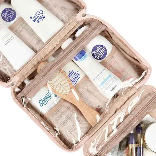 Vista 5 de NISHEL - Neceser de aseo colgante para viaje, organizador de maquillaje, estuche de maquillaje para accesorios de viaje, baño, ducha, Rosado