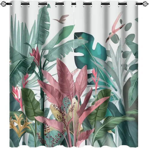 Vista 31 de Cortinas abstractas de hojas tropicales, acuarela tropical, hojas de palma, verano hawaiano, plátano, aislamiento térmico, cortinas completas