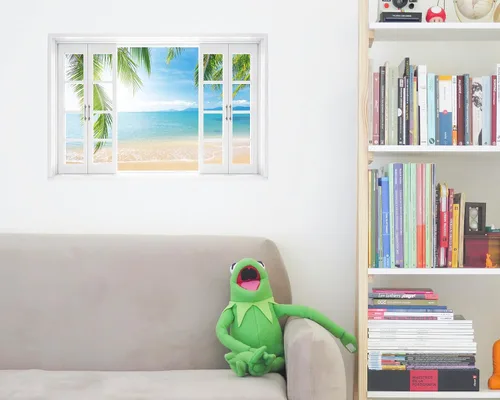 Vista 3 de FLFK Calcomanía de pared falsa para ventana, diseño de vista tropical del océano para despegar y pegar, 24 x 16 pulgadas