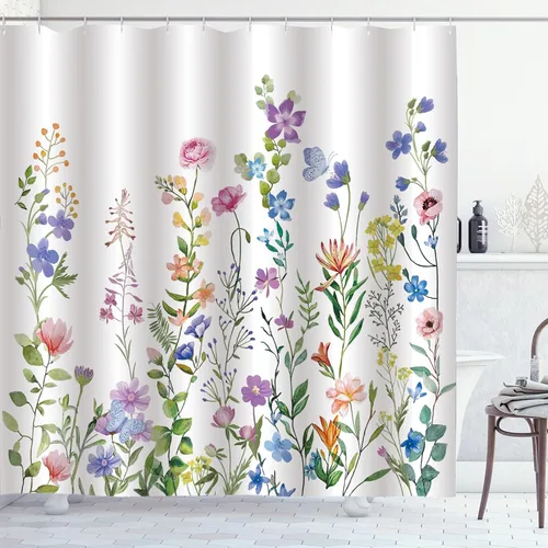Vista 4 de Cortina de ducha floral de primavera, cortinas de ducha de plantas de flores silvestres para baño, cortina de baño de tela de poliéster impermeable