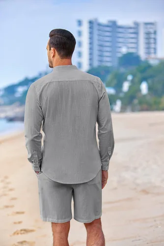Vista 2 de COOFANDY Conjuntos de lino para hombre, 2 piezas, camisa de manga larga y pantalones cortos casuales con cordón en la cintura, trajes de verano