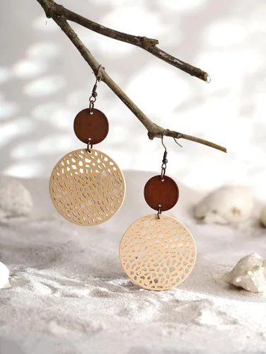 Vista 4 de Bohemian Hollow Cut-Out Wood Leather Dangle Drop Earrings, Boho Chic Hippie Statement Jewelry Gift for Women S01A