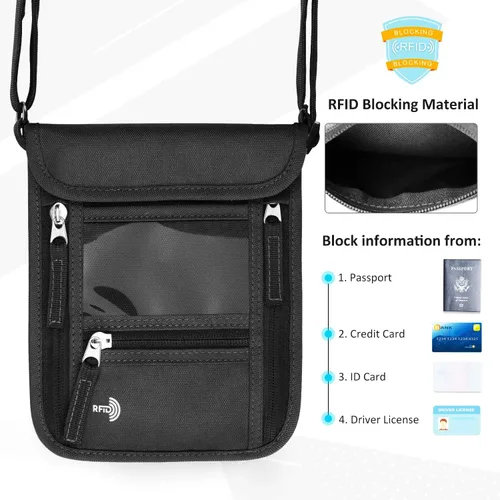 Vista 3 de WALNEW Soporte para pasaporte para el cuello cartera de viaje con bloqueo RFID 7 bolsillos con correa ajustable para el cuello para mantener tu