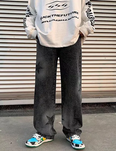 Vista 2 de Pantalones de mezclilla Y2K para hombre, estilo vintage, hip hop, holgados, rectos, tela de araña, con gráficos de estrellas, pantalones