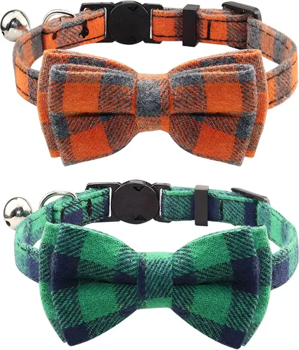 Vista 24 de Collar Joytale con corbatín y campana, lindos patrones de cuadros, 1 o 2 unidades de collares de seguridad para gato, Negro
