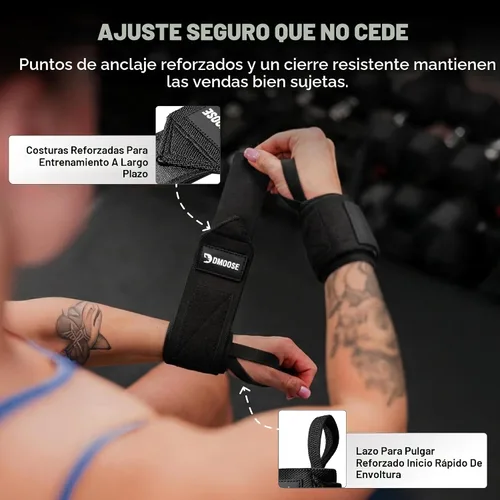 Vista 5 de DMoose Fitness Muñequeras para levantamiento de pesas de 18 pulgadas – Envoltura de gimnasio resistente con lazo para el pulgar para apoyo y alivio