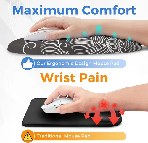 Vista 2 de Alfombrilla ergonómica para mouse con soporte de muñeca, reposamuñecas de espuma viscoelástica para aliviar el dolor y túnel carpiano, base