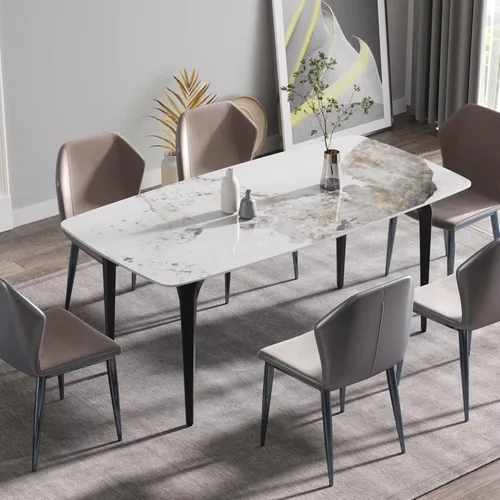 Vista 14 de Mesa de comedor de cocina de 63 pulgadas para comedor, cocina, comedor, espacio compacto con mesa de piedra sinterizada, 4 patas de metal negro