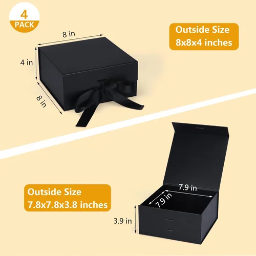 Vista 2 de Giftgarden Paquete de 4 cajas de regalo negras de 8 x 8 x 4 pulgadas con tapas magnéticas de cinta, caja cuadrada plegable para regalo, Navidad