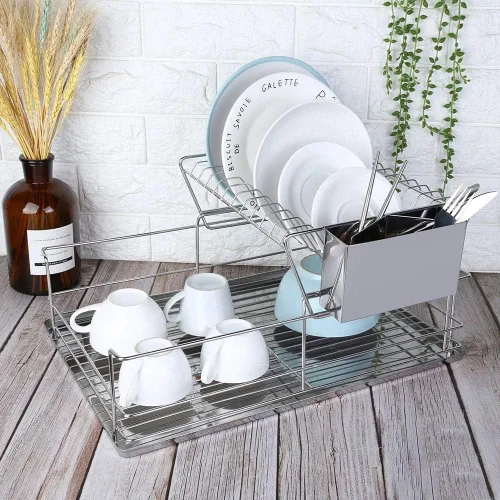 Vista 4 de Escurridor de platos, escurridor de platos de 2 niveles con escurridor, escurridor de platos de acero inoxidable con soporte para cubiertos
