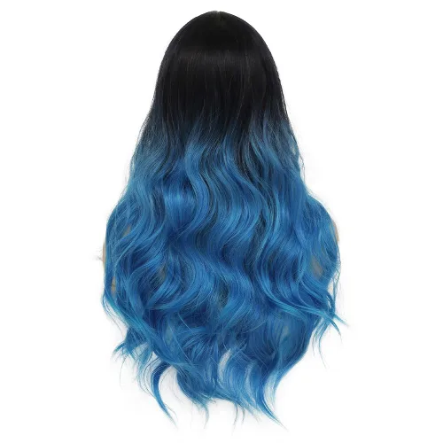 Vista 5 de Tseses Pelucas largas y onduladas de color azul degradado para mujer, pelucas de cabello sintético con raíces oscuras, cosplay, fiesta de Halloween