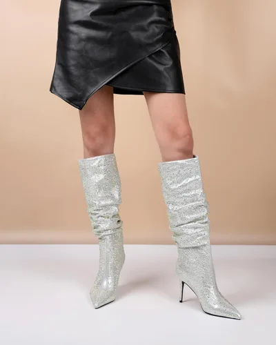 Vista 2 de Zamikoo Slouchy High Heel Boots for Women, Knee High Stiletto Heel Boots, Pointed Toe Slouch Stretch Tall Boots Pull On 3.5 Inches