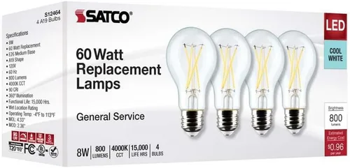 Vista 8 de Satco 12464-8A19/CL/LED/E26/940/4PK/120V (S12464) A19 A Line Pear Bombilla LED