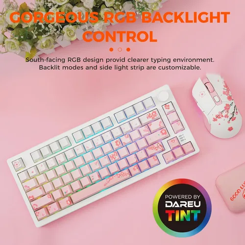 Vista 6 de DAREU EK75PRO Sakura Pink Teclado mecánico inalámbrico para juegos y mouse inalámbrico para juegos con combo de base de carga (interruptor de nube)