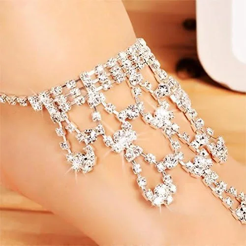 Vista 7 de Tobilleras de cristal artificial para mujer, sandalias descalzas para playa, boda, tobillo