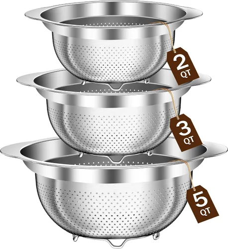 Vista 13 de Colador de acero inoxidable con tazón para mezclar, lavadora de arroz, colador para cocina, colador de arroz, lavado de frutas y verduras, colador