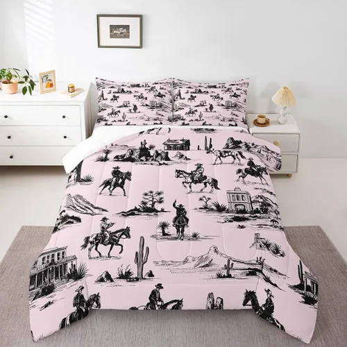 Vista 23 de Ropa de cama con estampado de vaca marrón tamaño individual, juego de edredón rústico de piel de vaca con calavera de vaca, relleno de edredón