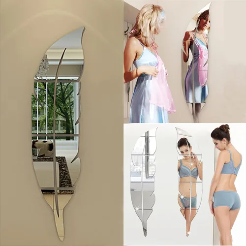 Vista 3 de Juego de 2 calcomanías de acrílico 3D para decoración de pared, con forma de plumas plateadas, calcomanías de arte de pared autoadhesivas
