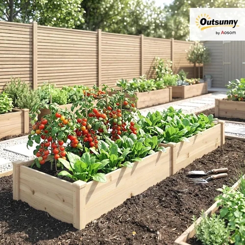 Vista 2 de Outsunny Kit de cama de jardín elevada de madera de 8 x 2 pies, maceta elevada para exteriores, parte inferior y forro autodrenante, patio