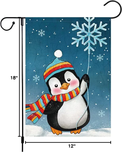 Vista 8 de Bandera de jardín de Navidad de bienvenida de pingüinos de invierno, 12 x 18 pulgadas, de arpillera de doble cara, bufandas de copos de nieve
