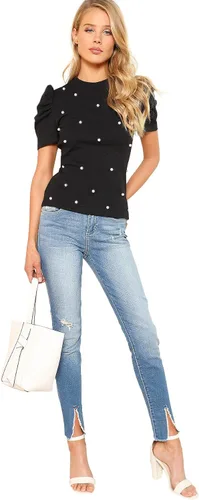 Vista 5 de Romwe - Blusa bordada para mujer con manga corta abombada adornada con elegantes perlas