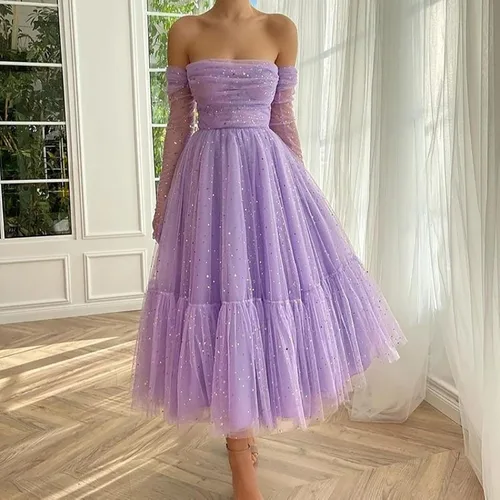Vista 3 de Vestidos elegantes y esponjosos para mujer, con hombros descubiertos, fruncidos, de tul, sin tirantes, vestidos formales de fiesta de noche