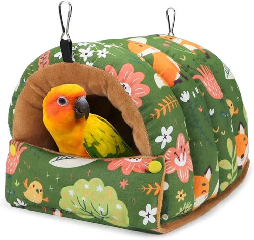 Vista 9 de Wontee Casa Nido de Pájaros Refugio Cálido de Invierno Cabaña Acogedora Cama para Pájaros Hamaca Colgante para Loros Periquitos Australianos Negro