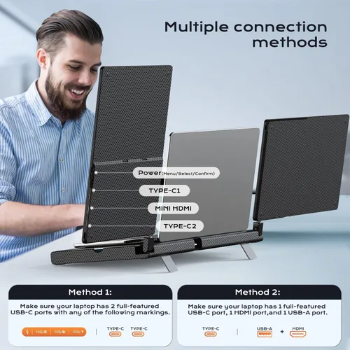 Vista 4 de Extensor de pantalla para laptop, extensor de monitor de laptop de 14" FHD 1080P, base estirable y pantalla desmontable, conectar y usar