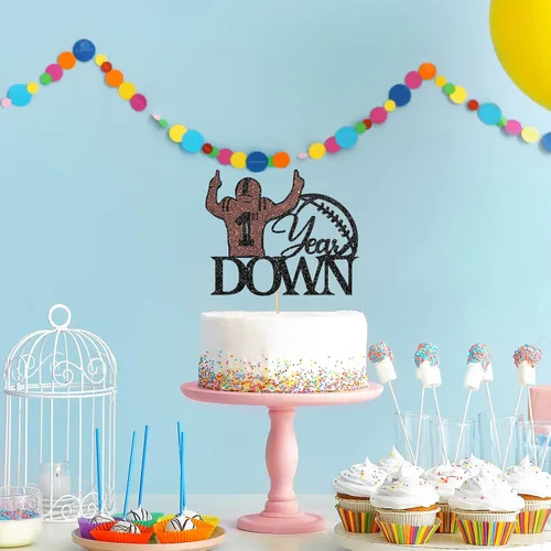Vista 4 de WeBenison Decoración para pastel de 1er año, fiesta de baby shower, fútbol para niños y niñas, decoración de fiesta de primer cumpleaños, purpurina