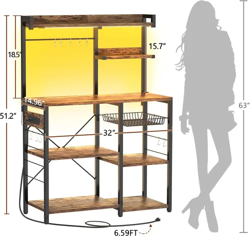 Vista 9 de Aheaplus Estante de panadería con toma de corriente y tiras de luces LED, soporte para horno de microondas, estante de almacenamiento de cocina