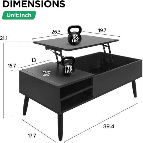 Vista 2 de PayLessHere Mesa auxiliar elevable de 39 pulgadas con almacenamiento ajustable y compartimento oculto, mesa de centro pequeña de madera