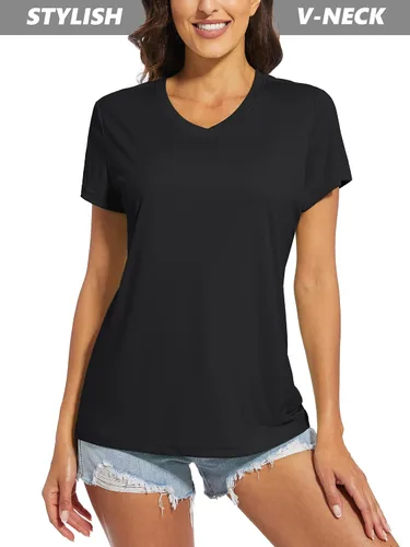 Vista 3 de MAGCOMSEN Camisetas de mujer con cuello en V, manga corta, UPF 50+, protección solar, secado rápido, camisetas atléticas