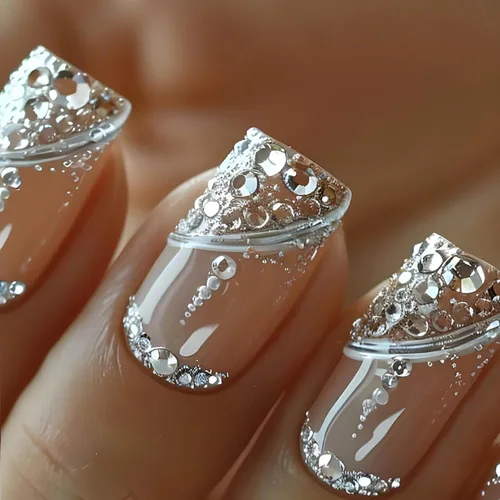 Vista 16 de 24 uñas postizas cortas a presión, color rosa RTKHFZE con diseño de mariposa blanca y diamantes de imitación, uñas postizas cuadradas de cobertura