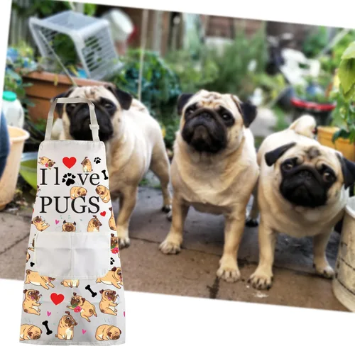 Vista 7 de Delantales para perros de pug, regalos para amantes de los pug, delantal de cocina con bolsillos, delantal de cocina I Love Pugs, regalos