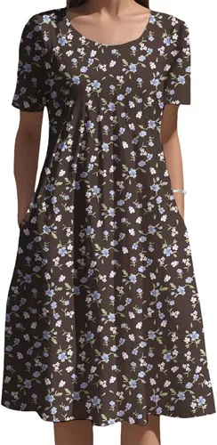 Vista 19 de Vestidos bohemios para mujer, estampado floral, manga corta, cuello redondo, talla grande, vestido de vacaciones con bolsillos para verano 2025