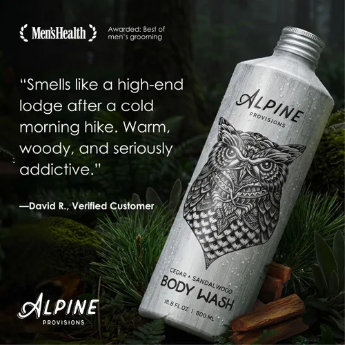 Vista 2 de Alpine Provisions Gel de baño natural y orgánico con cedro y sándalo – Gel de baño hidratante con aloe vera, aceite de coco y aceites esenciales
