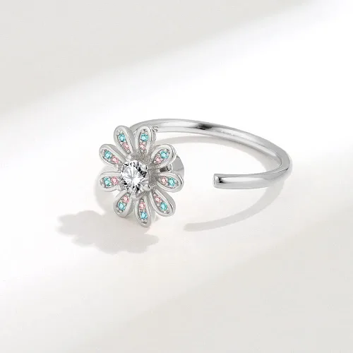 Vista 4 de Daisy Flower Spinner - Anillo abierto con circonita cúbica ajustable alivio del estrés anillos para los dedos antiansiedad preocupación promesa amor